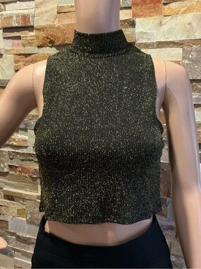 Reformation Metallic Mock Neck Crop Top - Black with Gold Lurex